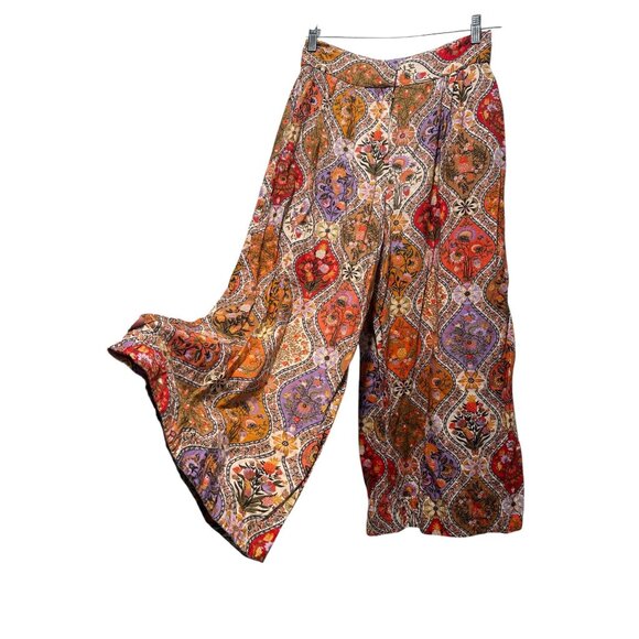 Farm Rio Toscana Pleated Wide Leg Pants Womens Small Orange Linen High Rise Boho - Picture 11 of 16